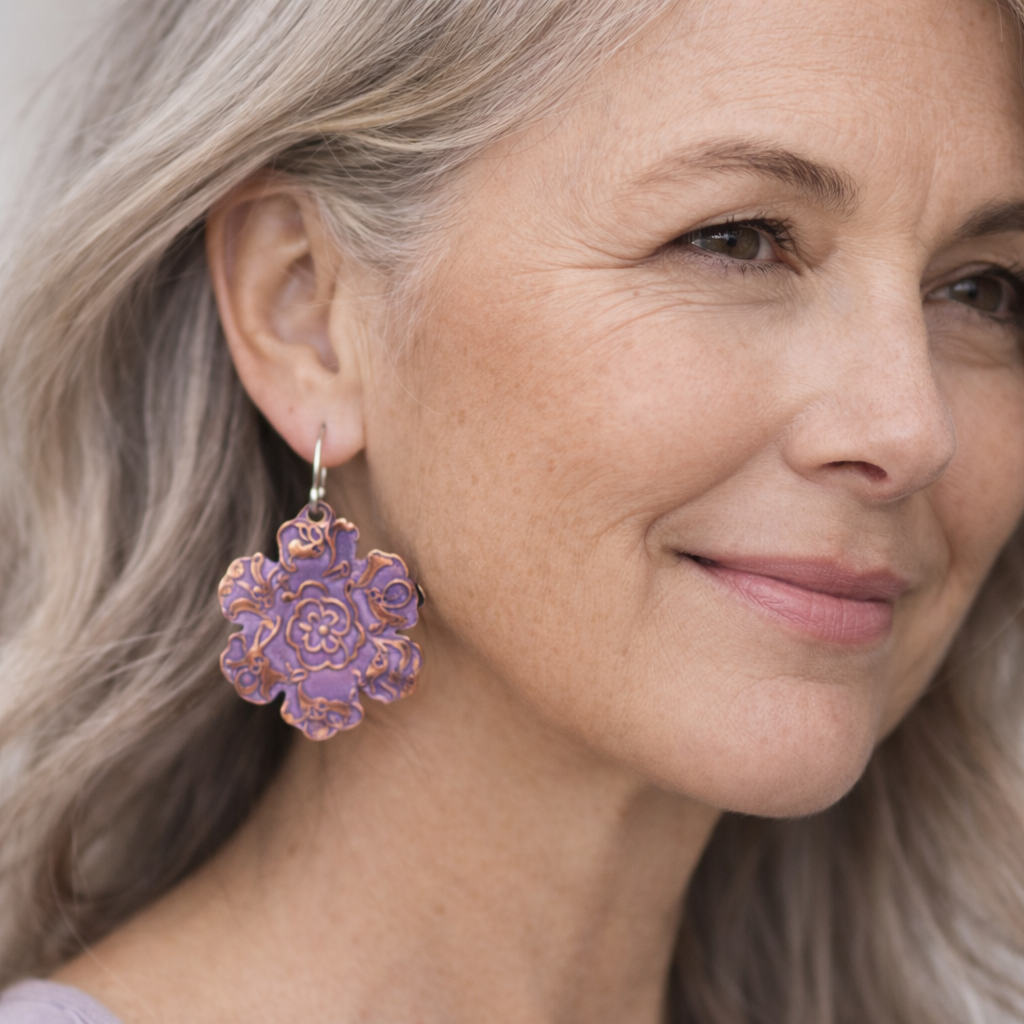 Copper Floral Lavender Colour Earrings